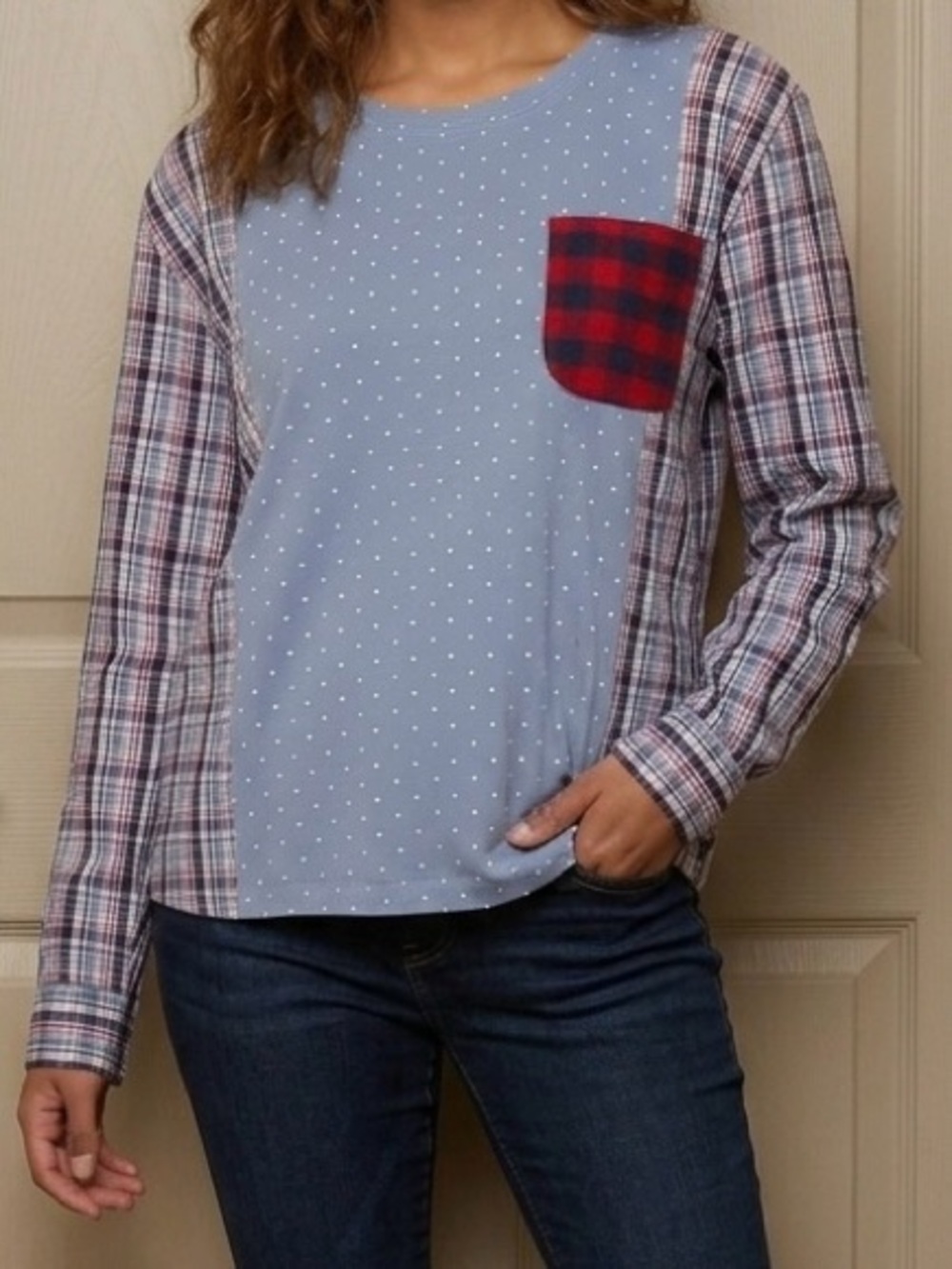 HANDMADE One-of-a-Kind Mixed Media Polka Dot & Plaid Upcycled Top - Sz. Large